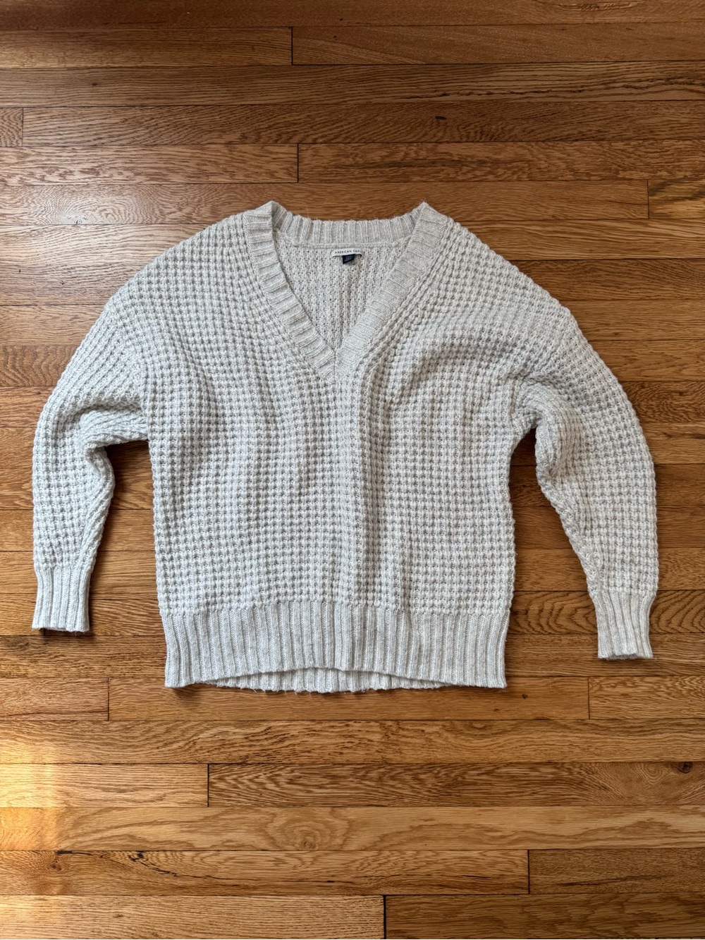 American Eagle Outfitters Light Grey V-Neck Textured Knit Sweater